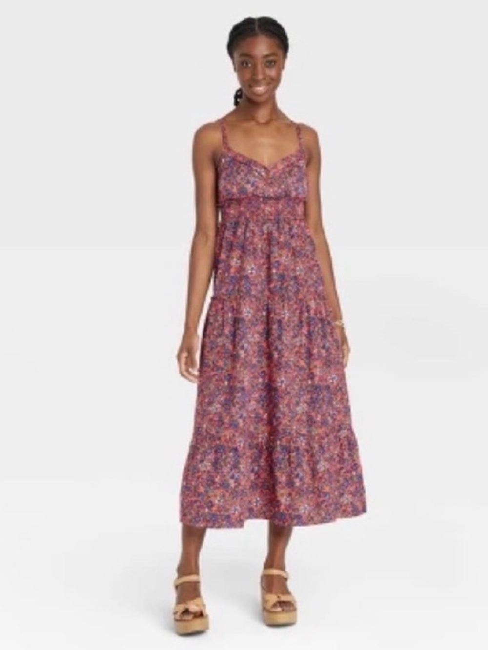 NWT Universal Thread Pink Multi Floral Tiered Maxi Dress, Size Small